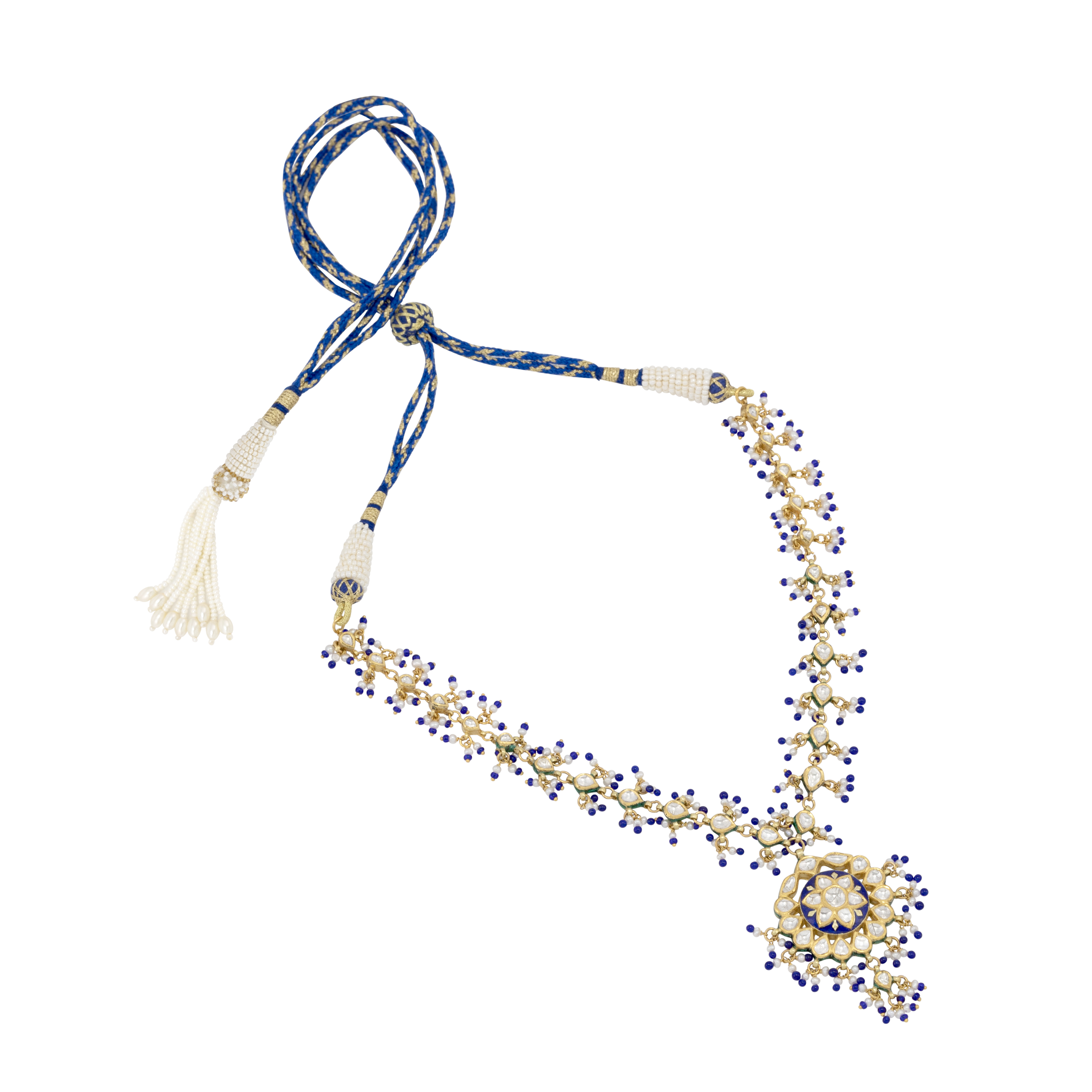 Blue Enamel Polki Necklace with Pearl and Bead Accents
